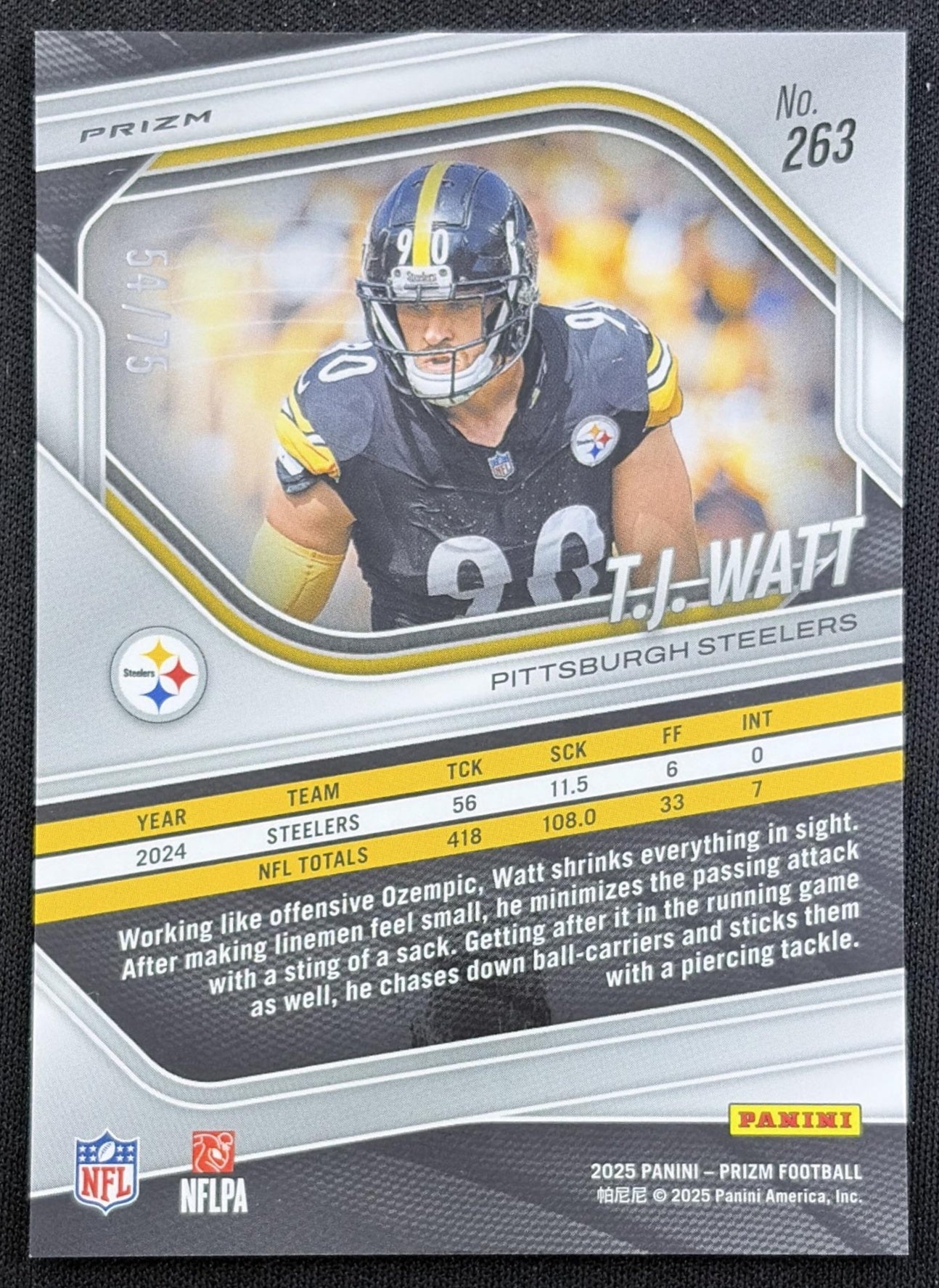 T.J. Watt 2025 Panini Prizm No Huddle Purple /75 Steelers