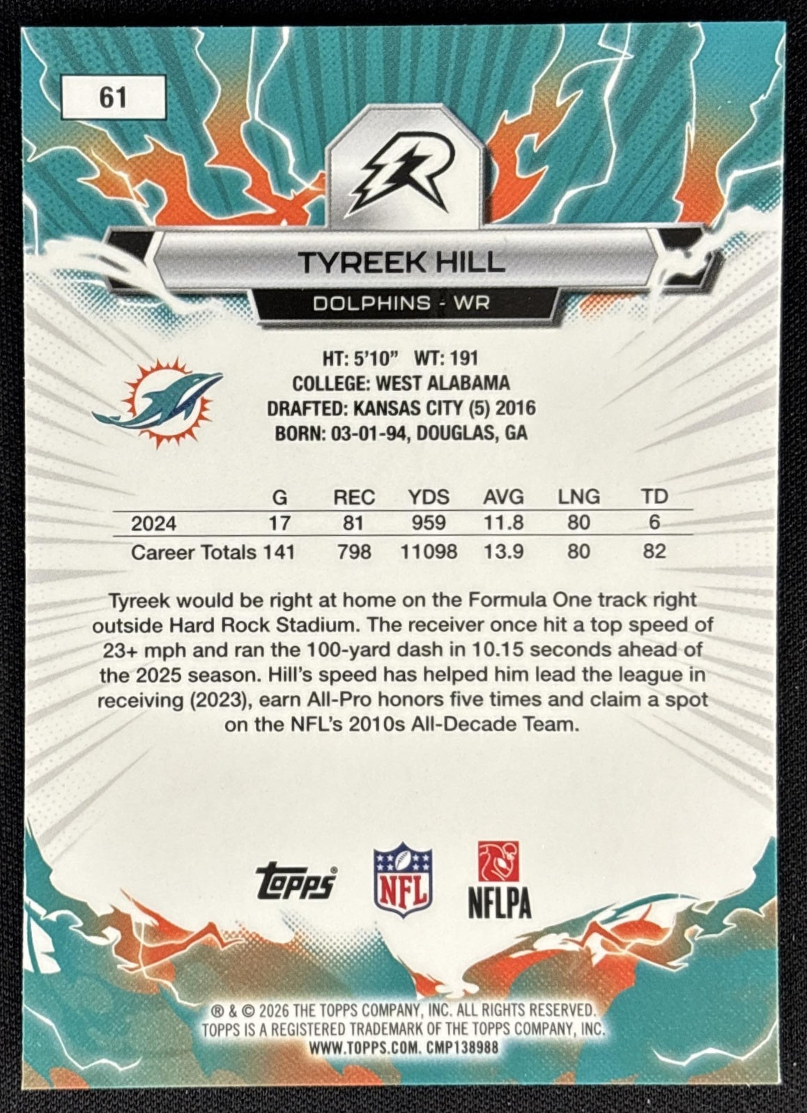 Tyreek Hill 2025 Topps Resurgence Blue and Orange Spark Refractor Dolphins