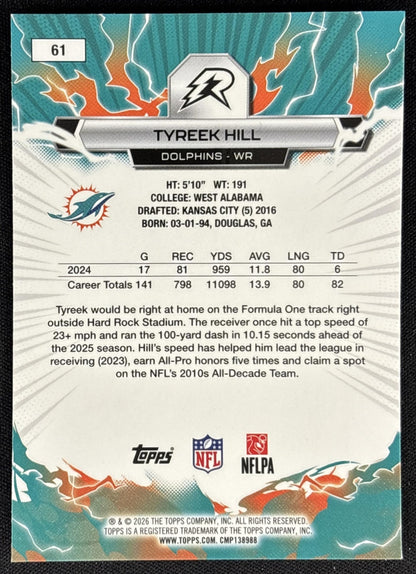 Tyreek Hill 2025 Topps Resurgence Blue and Orange Spark Refractor Dolphins