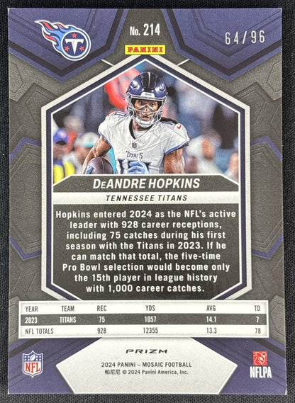 DeAndre Hopkins 2024 Panini Mosaic Blue Sparkle Prizm /96 Titans back