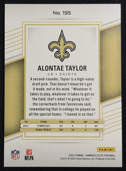 Back of Alontae Taylor 2022 Panini Donruss Elite /999 Saints sports trading card