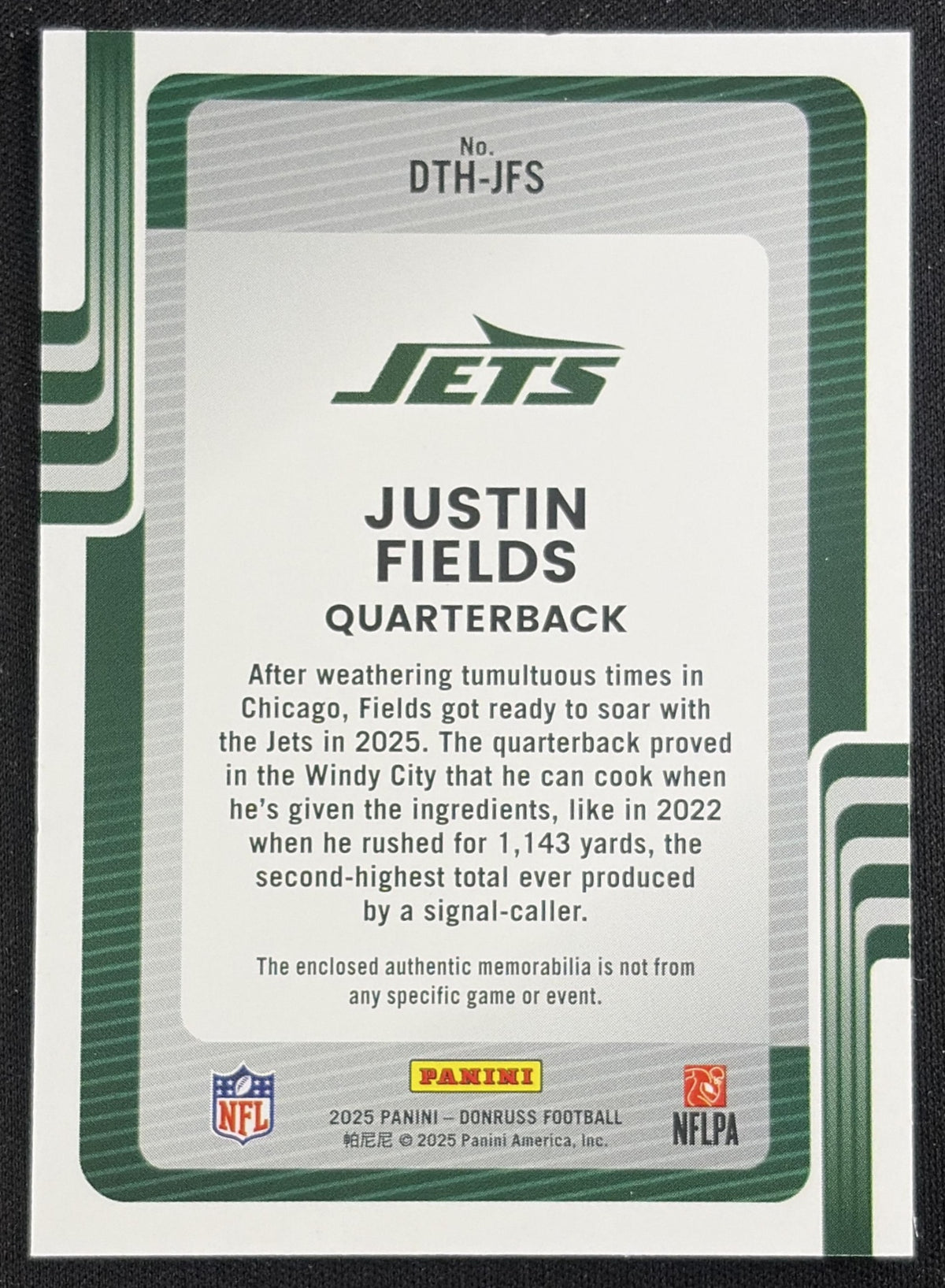 Justin Fields 2025 Panini Donruss Threads Jets Sports Trading Card