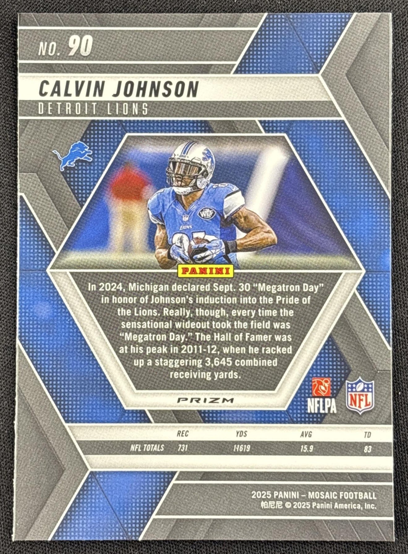 Calvin Johnson 2025 Panini Mosaic Prizm Lions