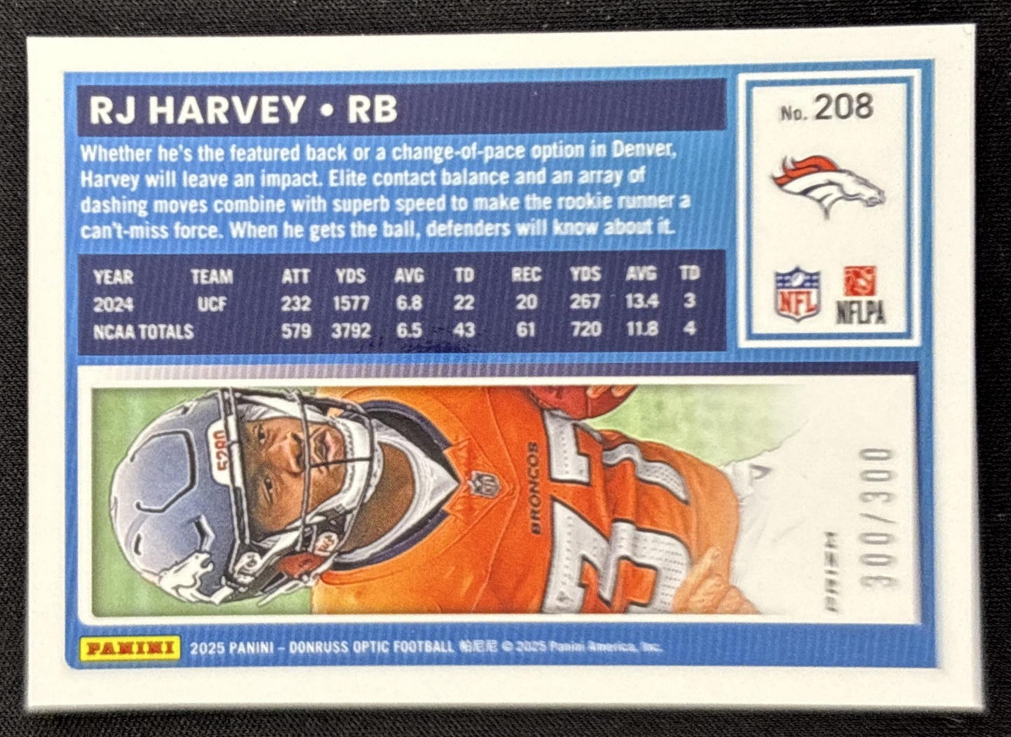 RJ Harvey 2025 Panini Donruss Optic Rated Rookie Wave Prizm /300 Broncos - back