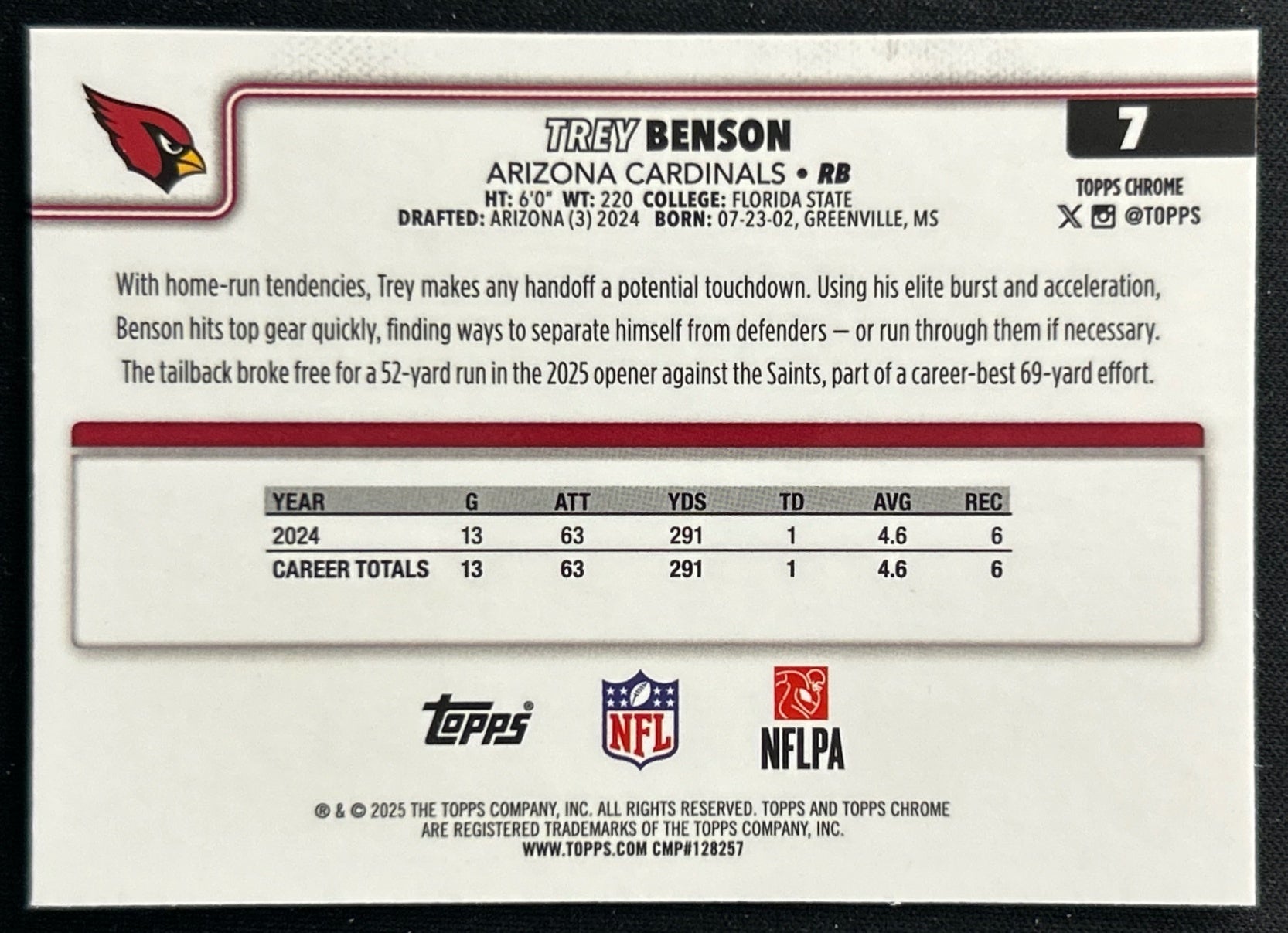 Trey Benson 2025 Topps Chrome Cardinals Sports Trading Cards