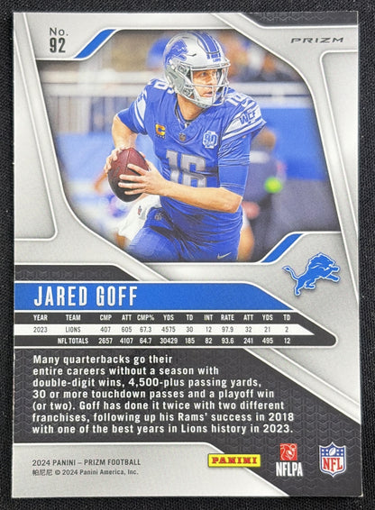 Jared Goff 2024 Panini Prizm Red White and Blue Lions Sports Trading Card
