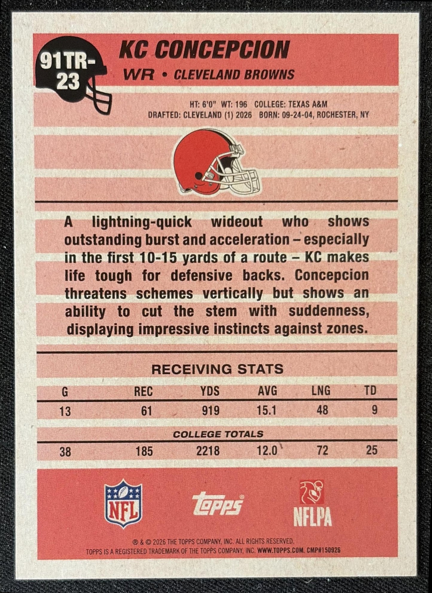 KC Concepcion 2026 Topps 1991 Rookie Browns back