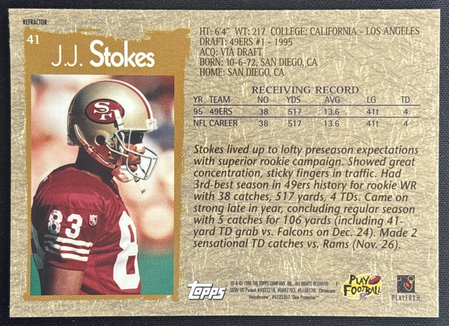 J.J. Stokes 1996 Topps Chrome Refractor 49ers back