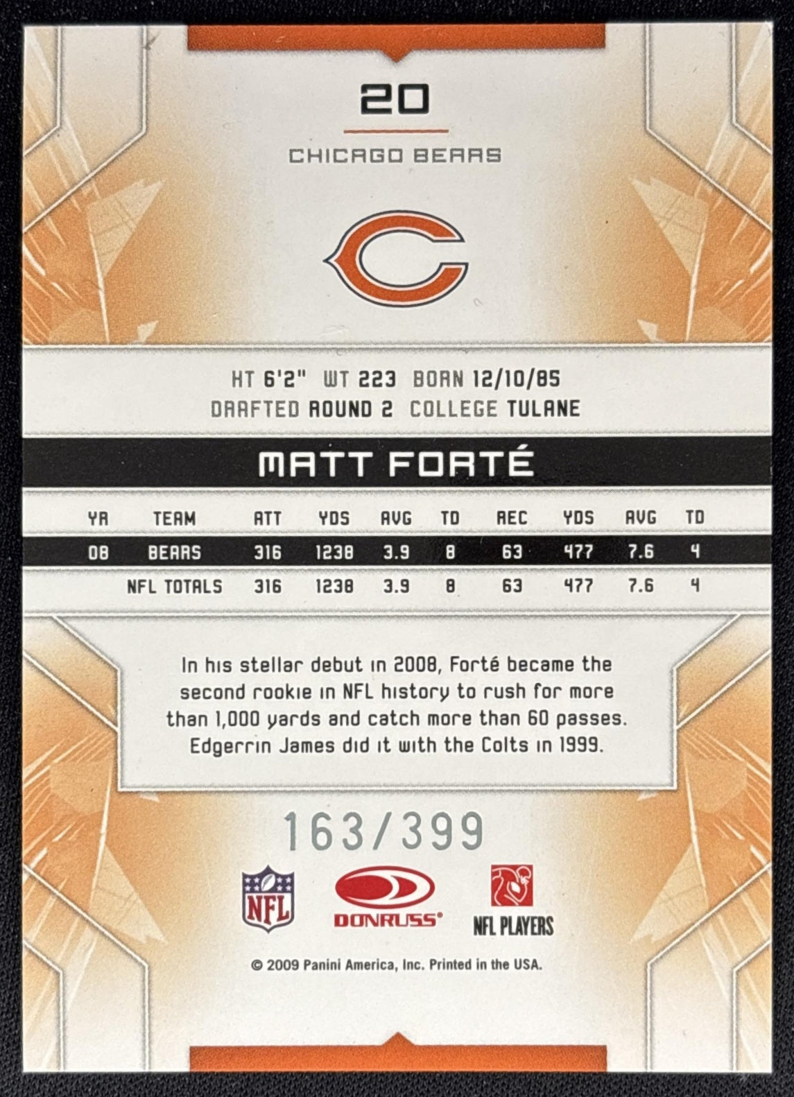 Matt Forte 2009 Limited /399 Bears back