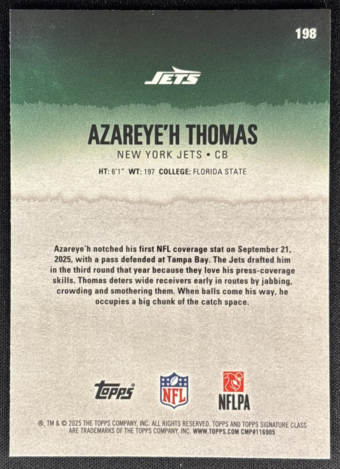 Azareye'h Thomas 2025 Signature Class Chrome Rookie Purple Refractor /100 Jets back