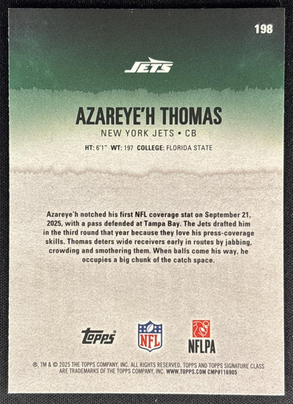 Azareye'h Thomas 2025 Signature Class Chrome Rookie Purple Refractor /100 Jets back