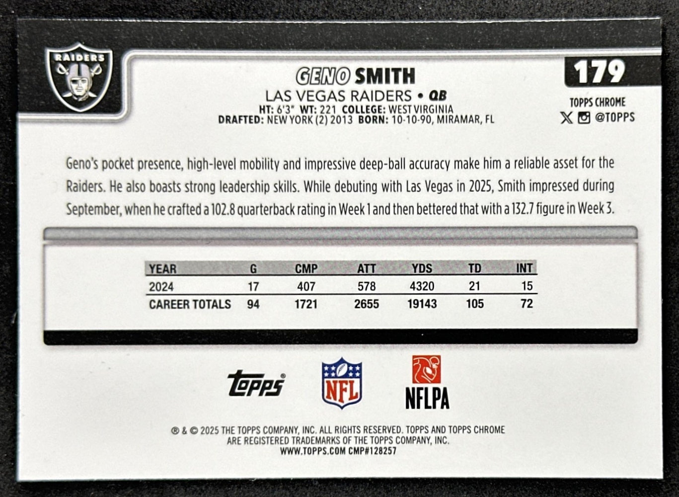 Geno Smith 2025 Topps Chrome Football Leather Refractor Raiders