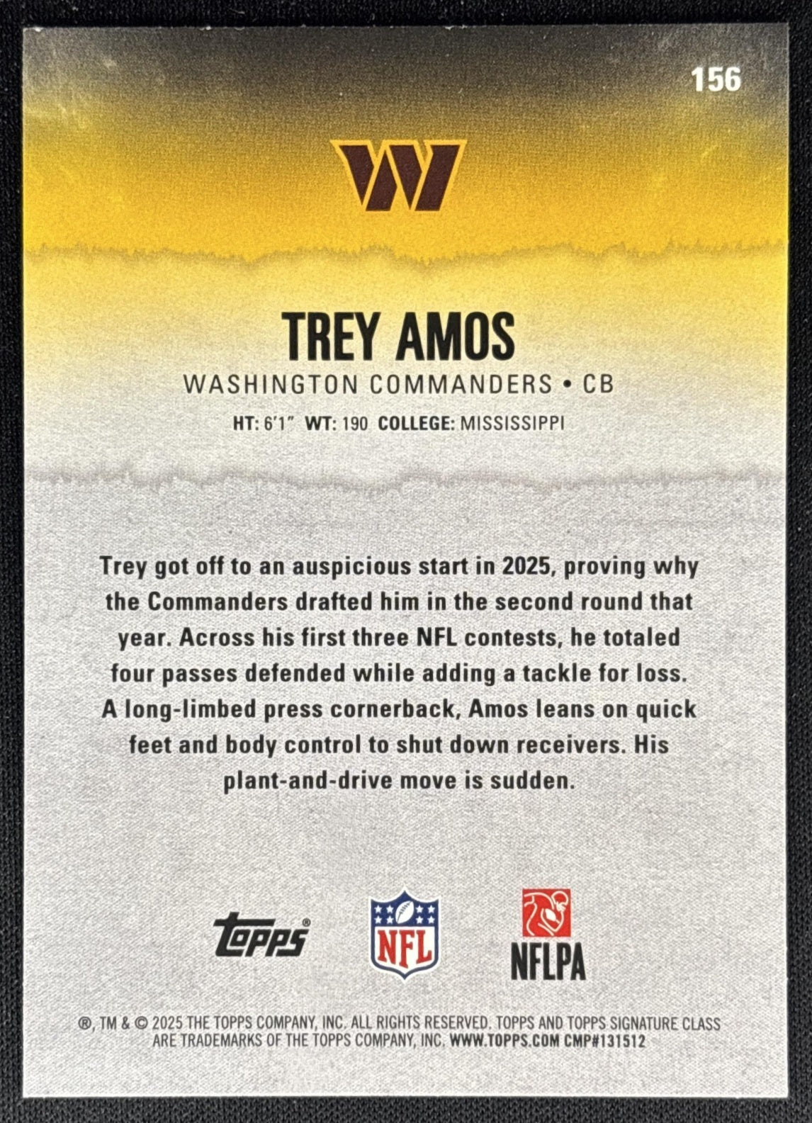 Trey Amos 2025 Topps Signature Class Rookie Blue & Yellow Foil Commanders - Back