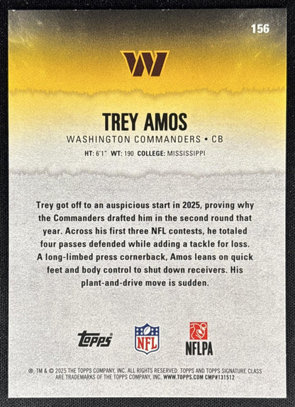 Trey Amos 2025 Topps Signature Class Rookie Blue & Yellow Foil Commanders - Back