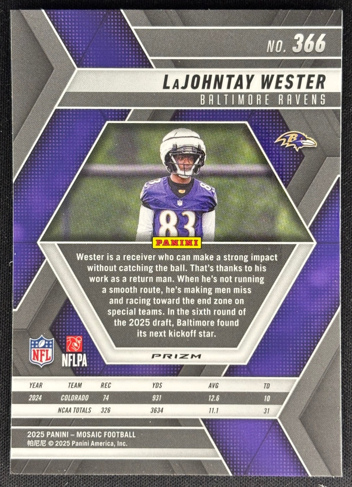 LaJohntay Wester 2025 Mosaic Rookies Reactive Purple Prizm Ravens Sports Trading Cards