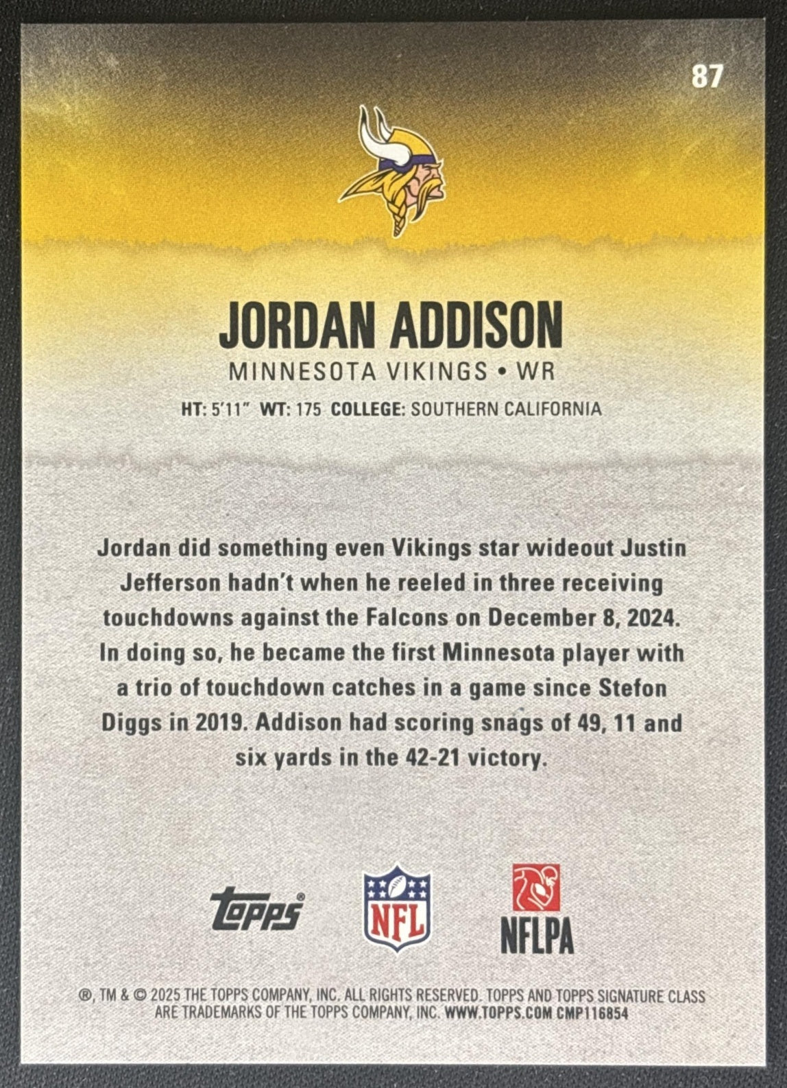 Jordan Addison 2025 Topps Signature Class Veteran Red Lava Foil /25 Vikings Sports Trading Cards