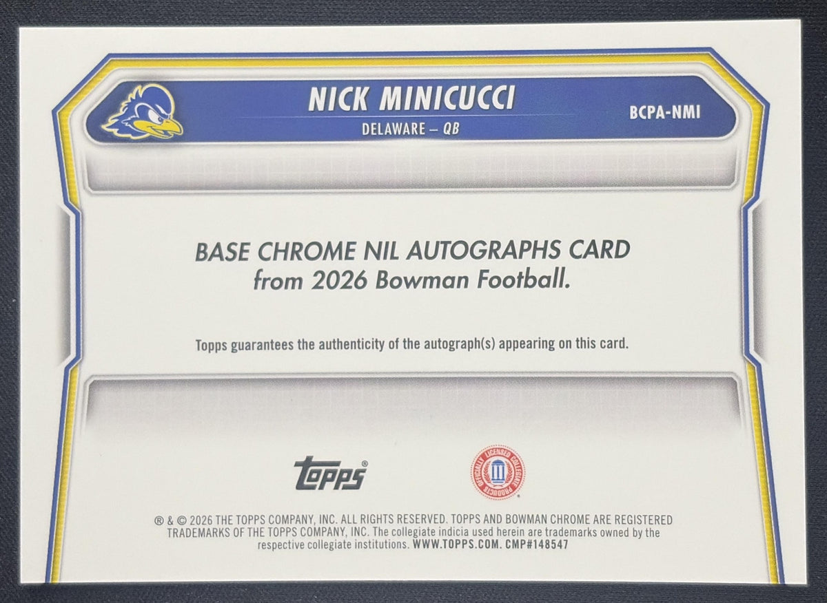 Nick Minicucci 2026 Bowman Chrome Prospect Auto Fightin' Blue Hens Sports Trading Card