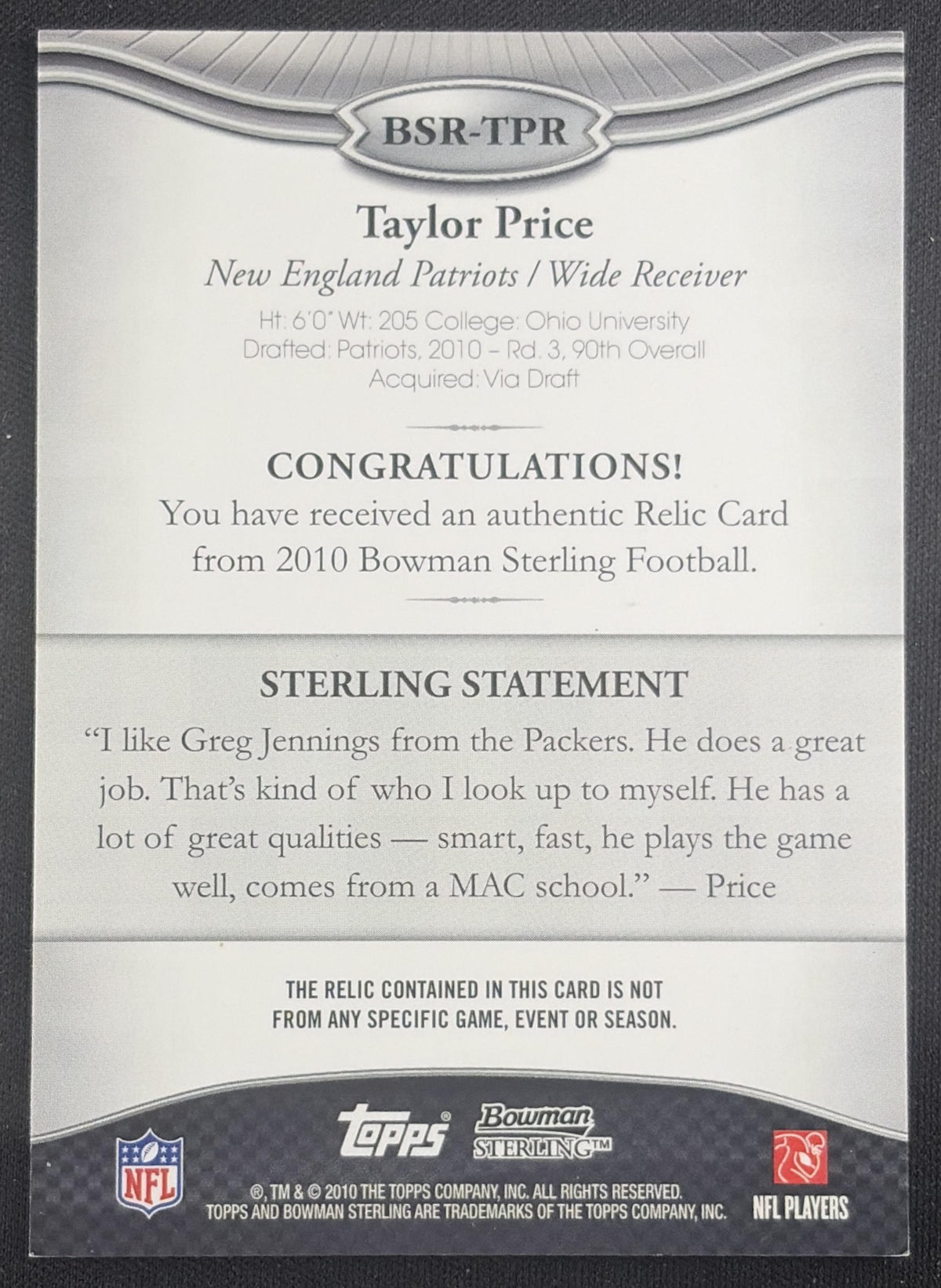 Taylor Price 2010 Bowman Sterling Patriots Sports Trading Card