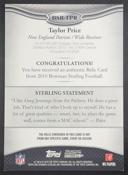 Taylor Price 2010 Bowman Sterling Patriots Sports Trading Card