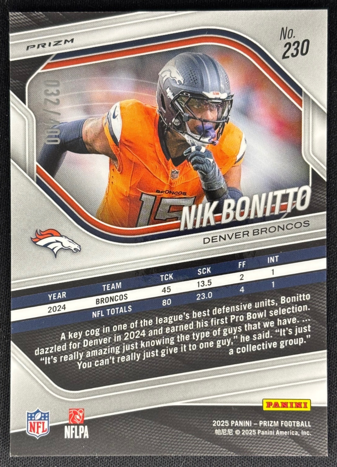 Nik Bonitto 2025 Prizm Pandora /400 Broncos Sports Trading Cards