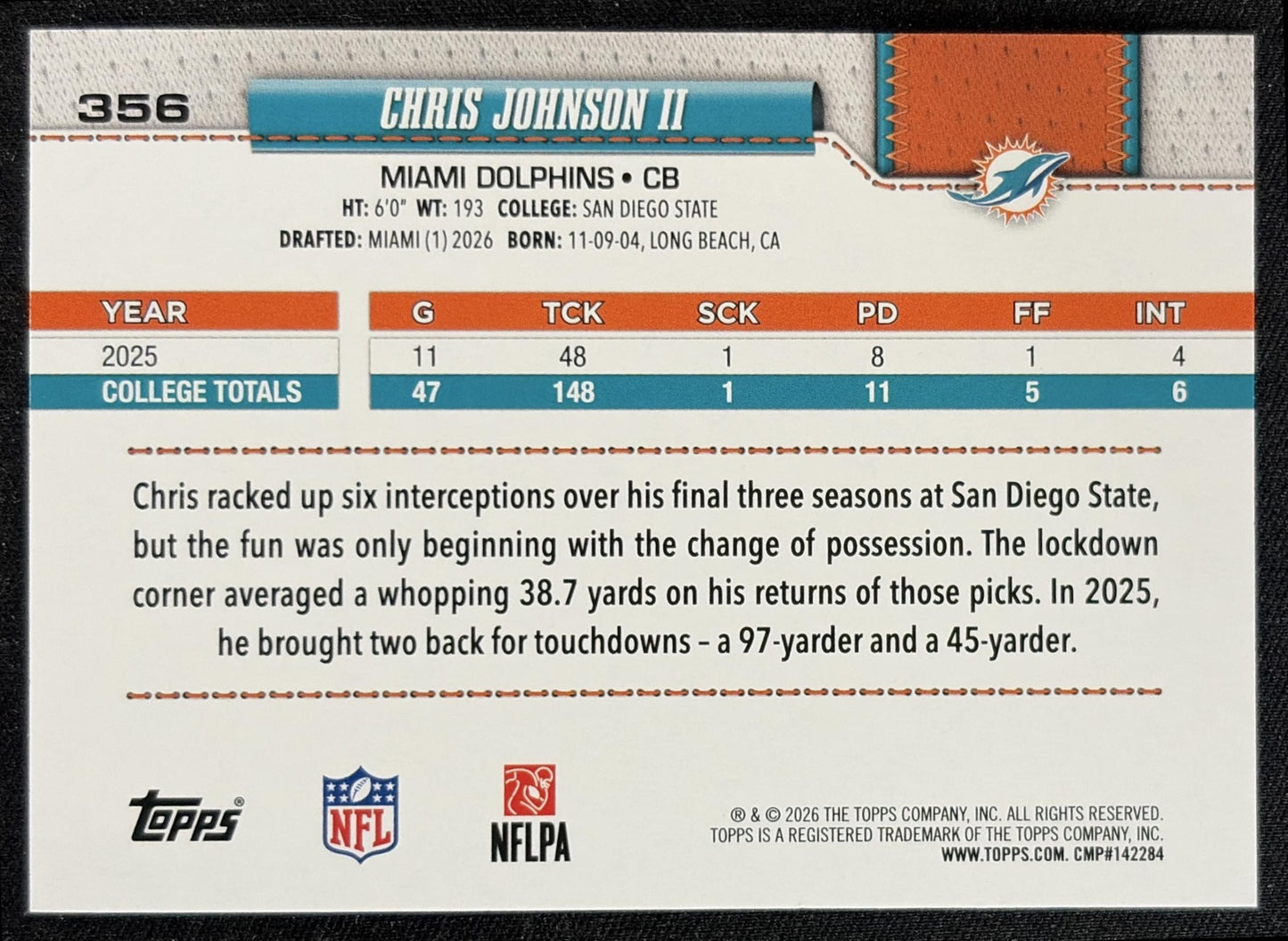 Chris Johnson II 2026 Topps Football Leather Foil Dolphins back