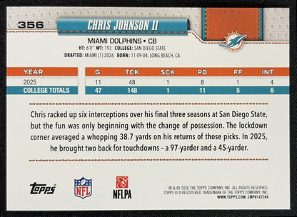 Chris Johnson II 2026 Topps Football Leather Foil Dolphins back
