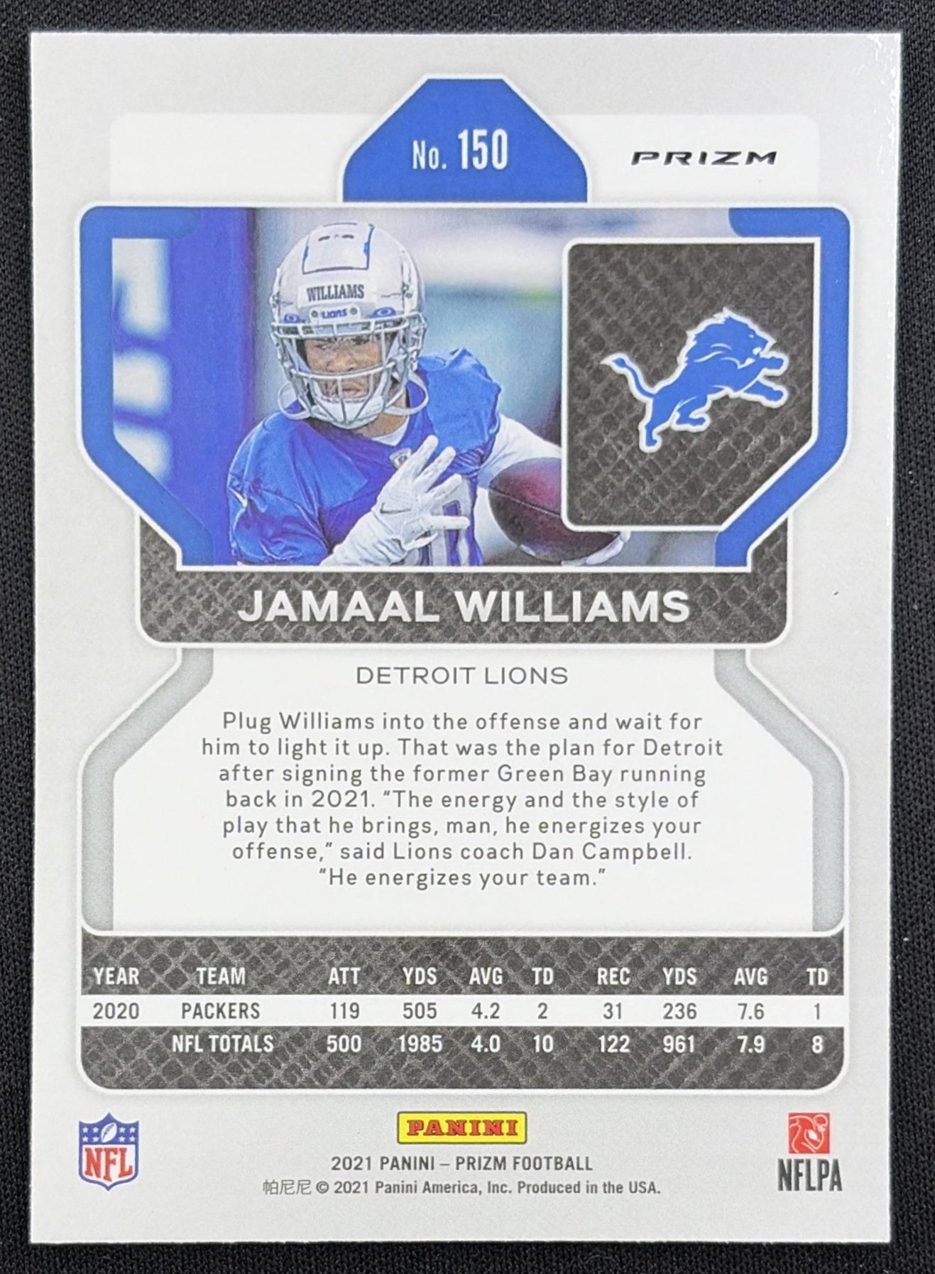 Jamaal Williams 2021 Panini Prizm Light Blue Lions