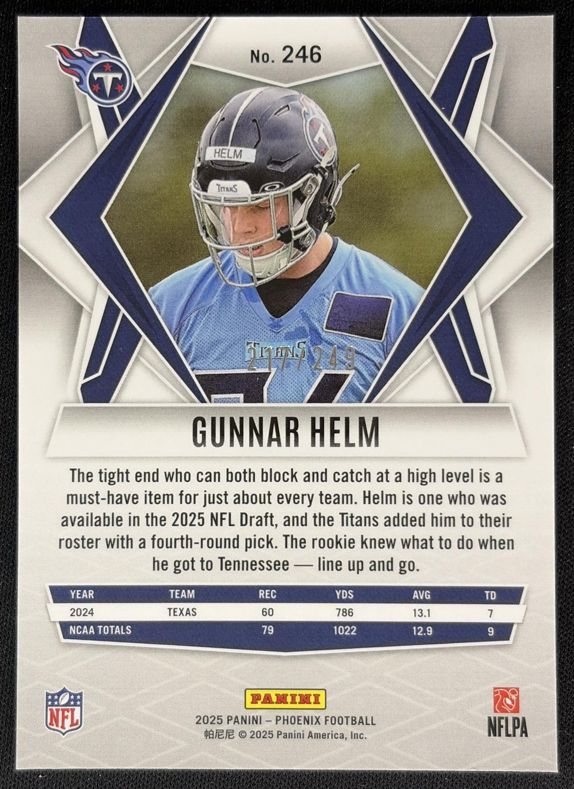 Gunnar Helm 2025 Panini Phoenix Purple Hyper Prizm /249 Titans Sports Trading Cards