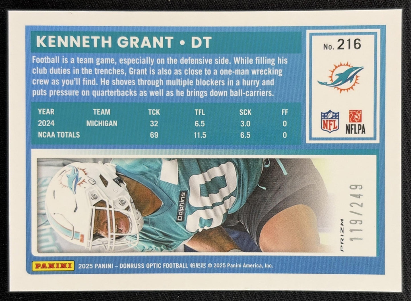 Kenneth Grant 2025 Panini Donruss Optic Rated Rookie Blue Prizm /249 Dolphins Back