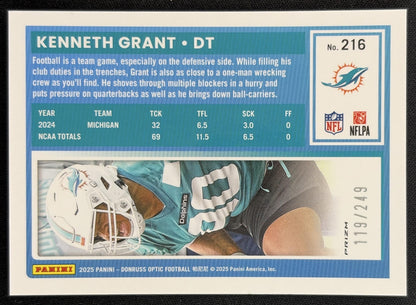 Kenneth Grant 2025 Panini Donruss Optic Rated Rookie Blue Prizm /249 Dolphins Back