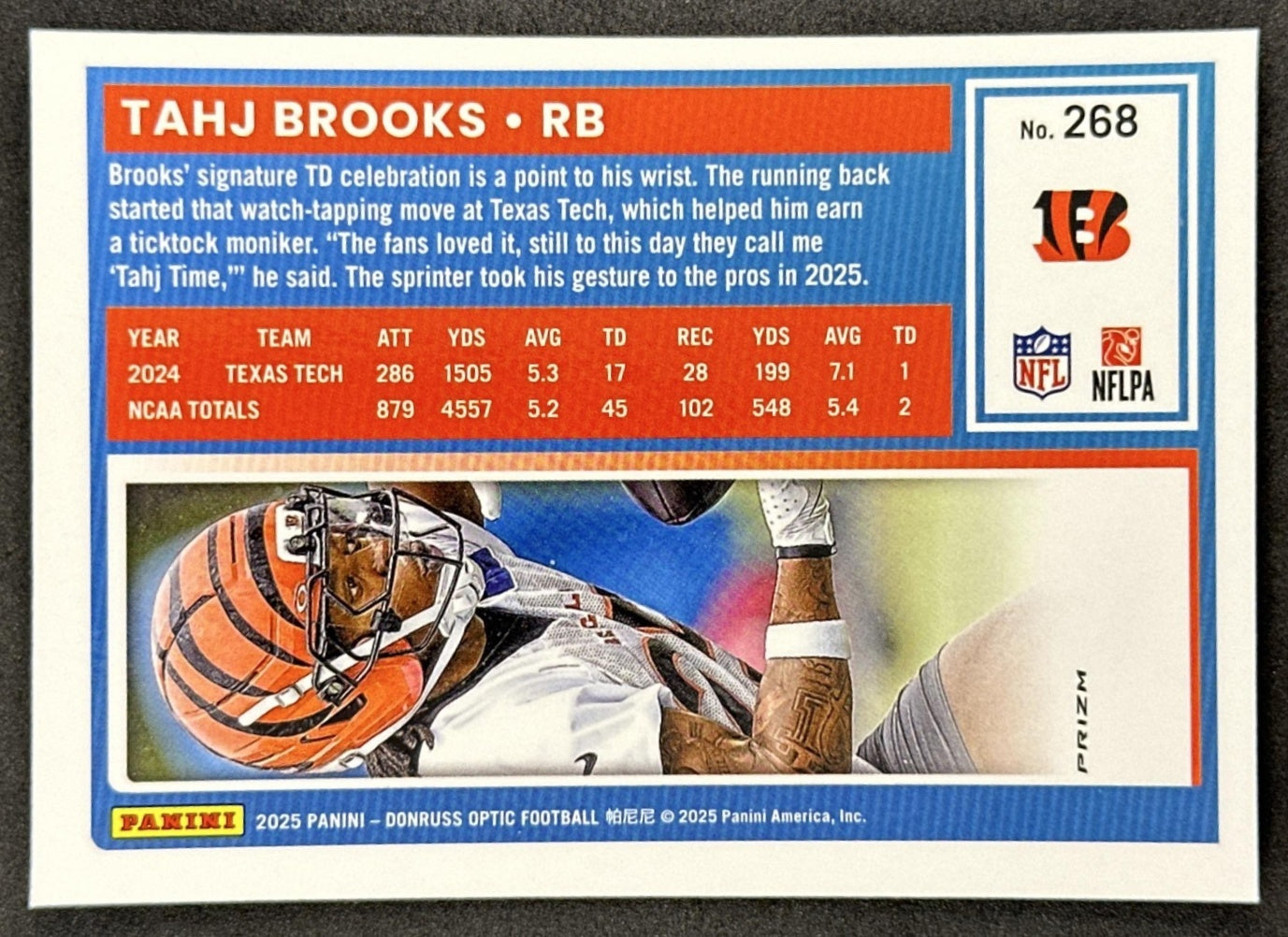 Tahj Brooks 2025 Panini Donruss Optic Rated Rookie Purple Shock Prizm Bengals back sports trading card