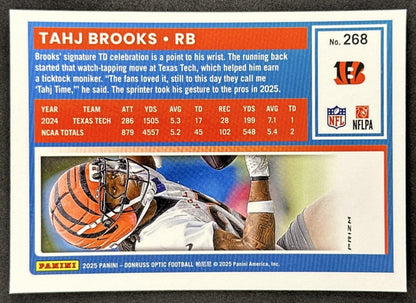 Tahj Brooks 2025 Panini Donruss Optic Rated Rookie Purple Shock Prizm Bengals back sports trading card