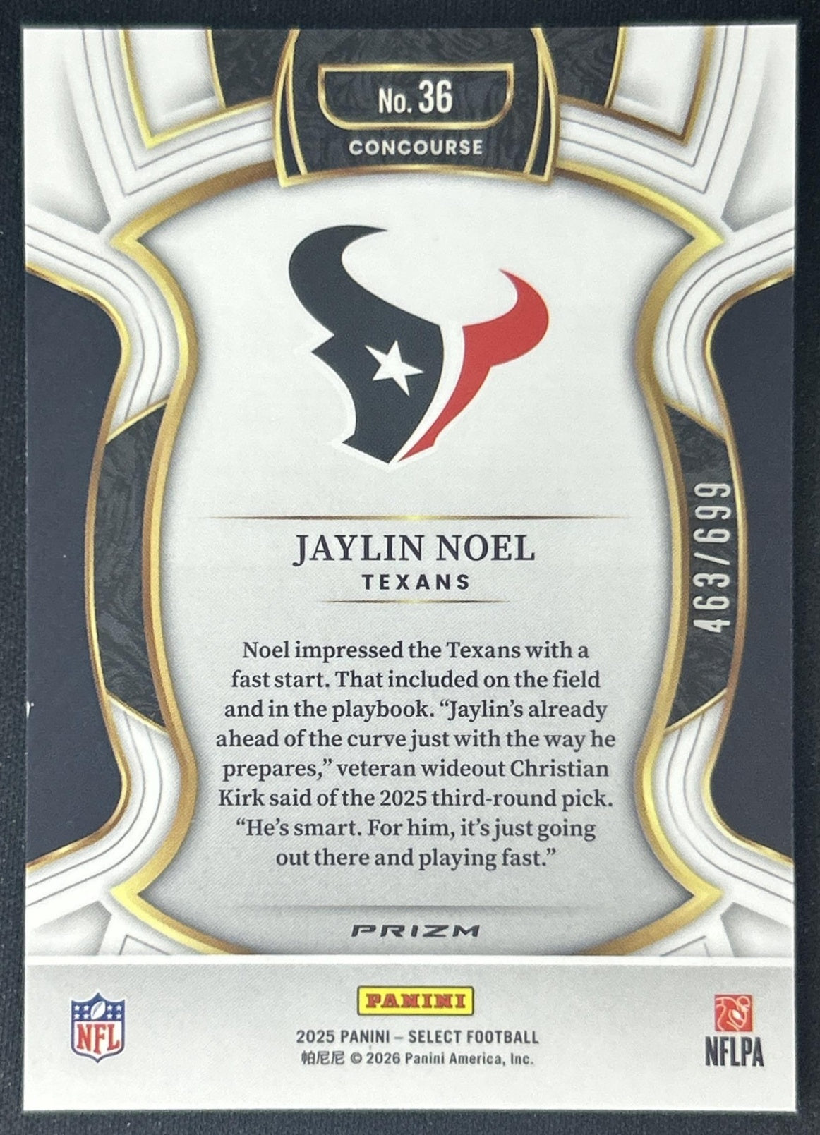 Jaylin Noel 2025 Panini Select Concourse Purple Prizm Shock /699 Texans back
