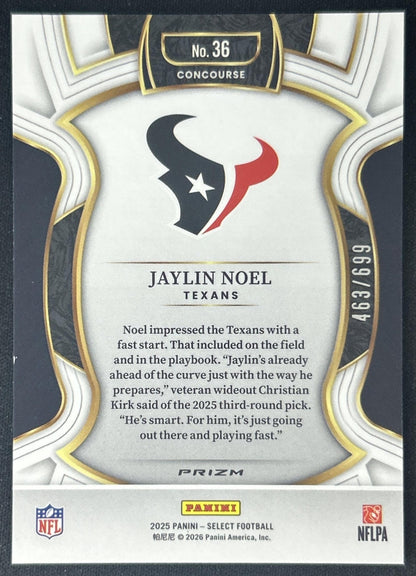 Jaylin Noel 2025 Panini Select Concourse Purple Prizm Shock /699 Texans back