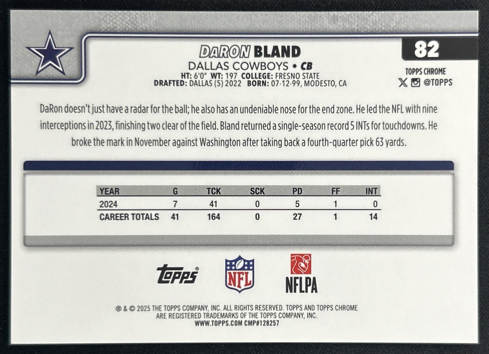 DaRon Bland 2025 Topps Chrome White Refractor /30 Cowboys Sports Trading Cards