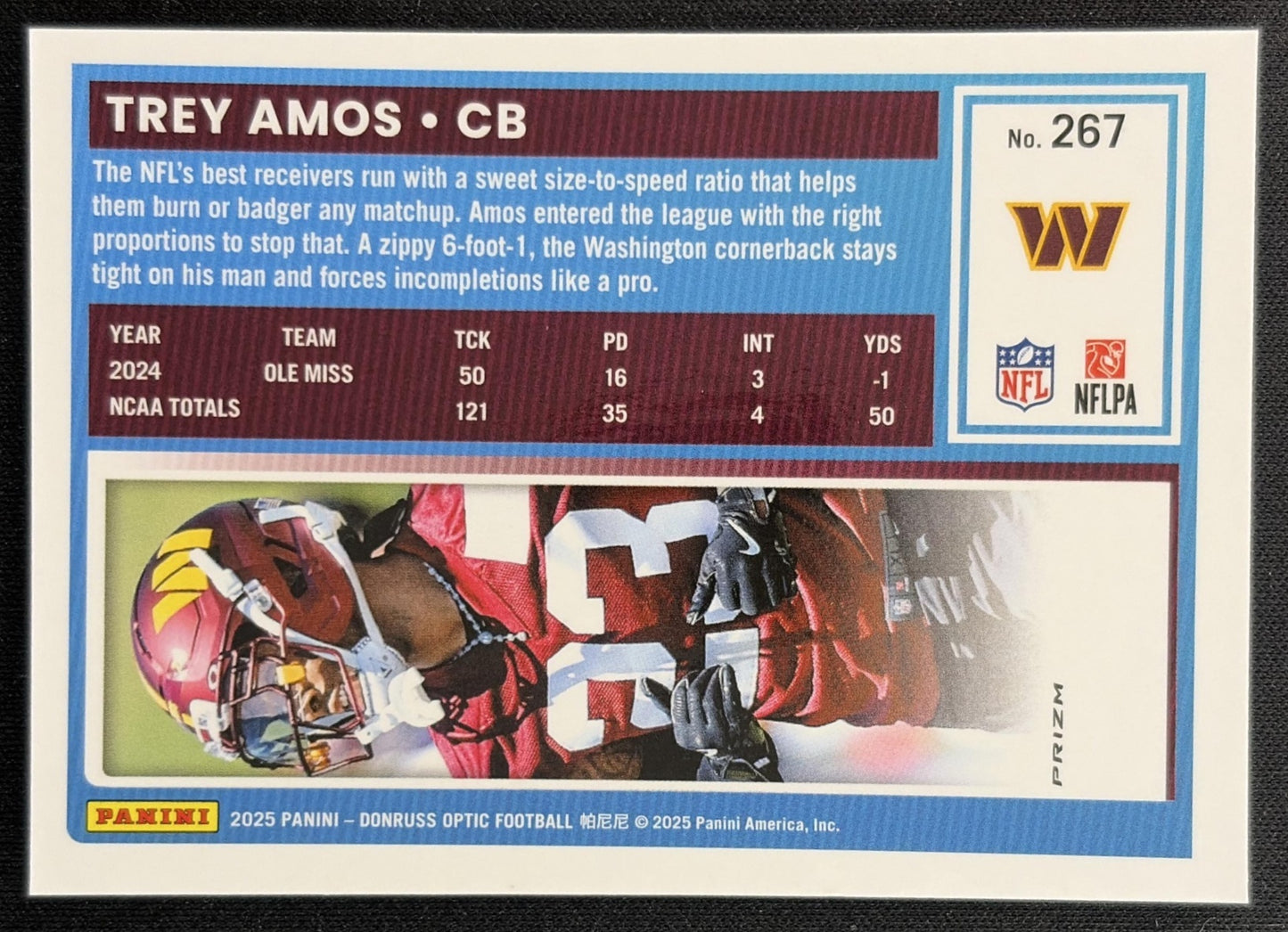 Trey Amos 2025 Panini Donruss Optic Rated Rookie Green Velocity Prizm Commanders back