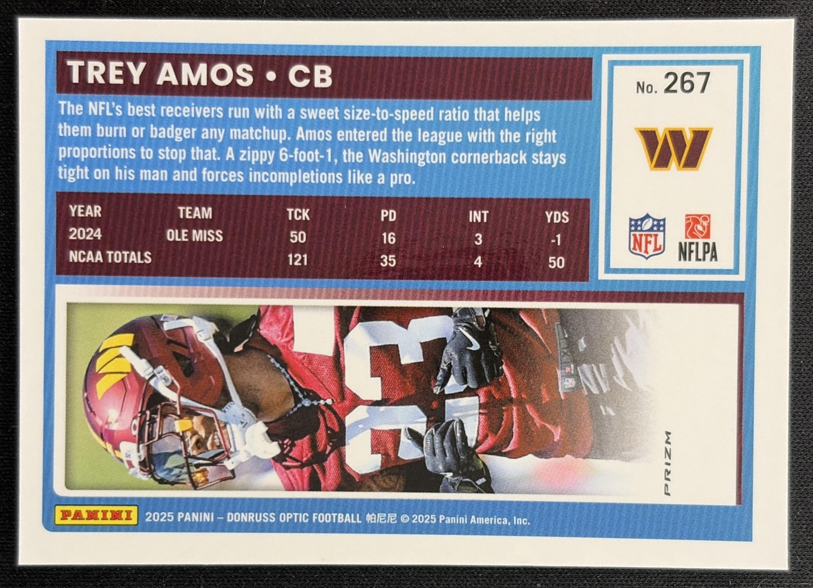 Trey Amos 2025 Panini Donruss Optic Rated Rookie Green Velocity Prizm Commanders back