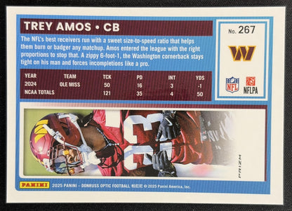 Trey Amos 2025 Panini Donruss Optic Rated Rookie Green Velocity Prizm Commanders back
