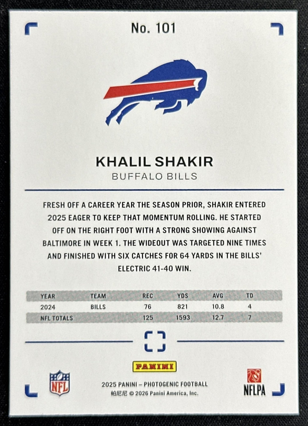 Khalil Shakir 2025 Panini PhotoGenic Horizontal Bronze /150 Bills