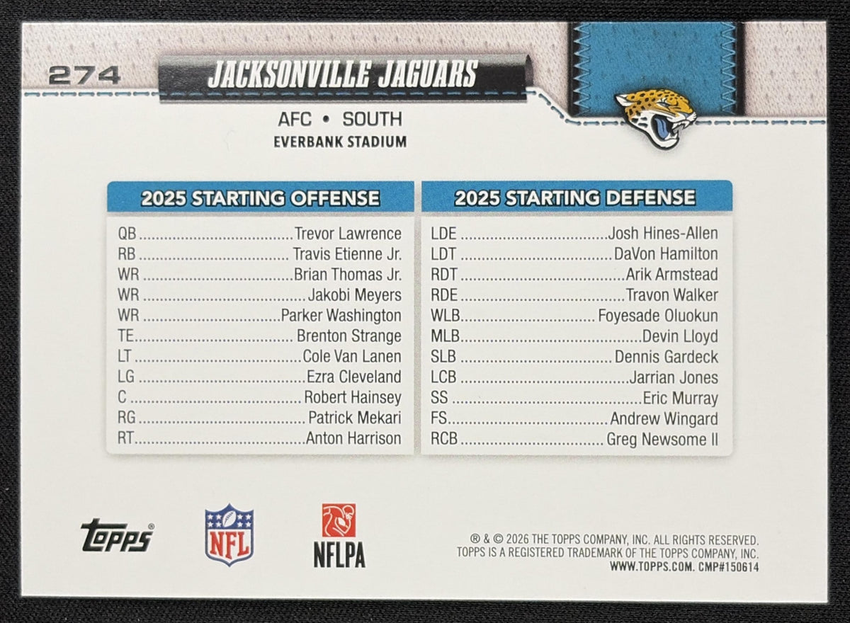 Jacksonville Jaguars 2026 Topps Rainbow Foil back
