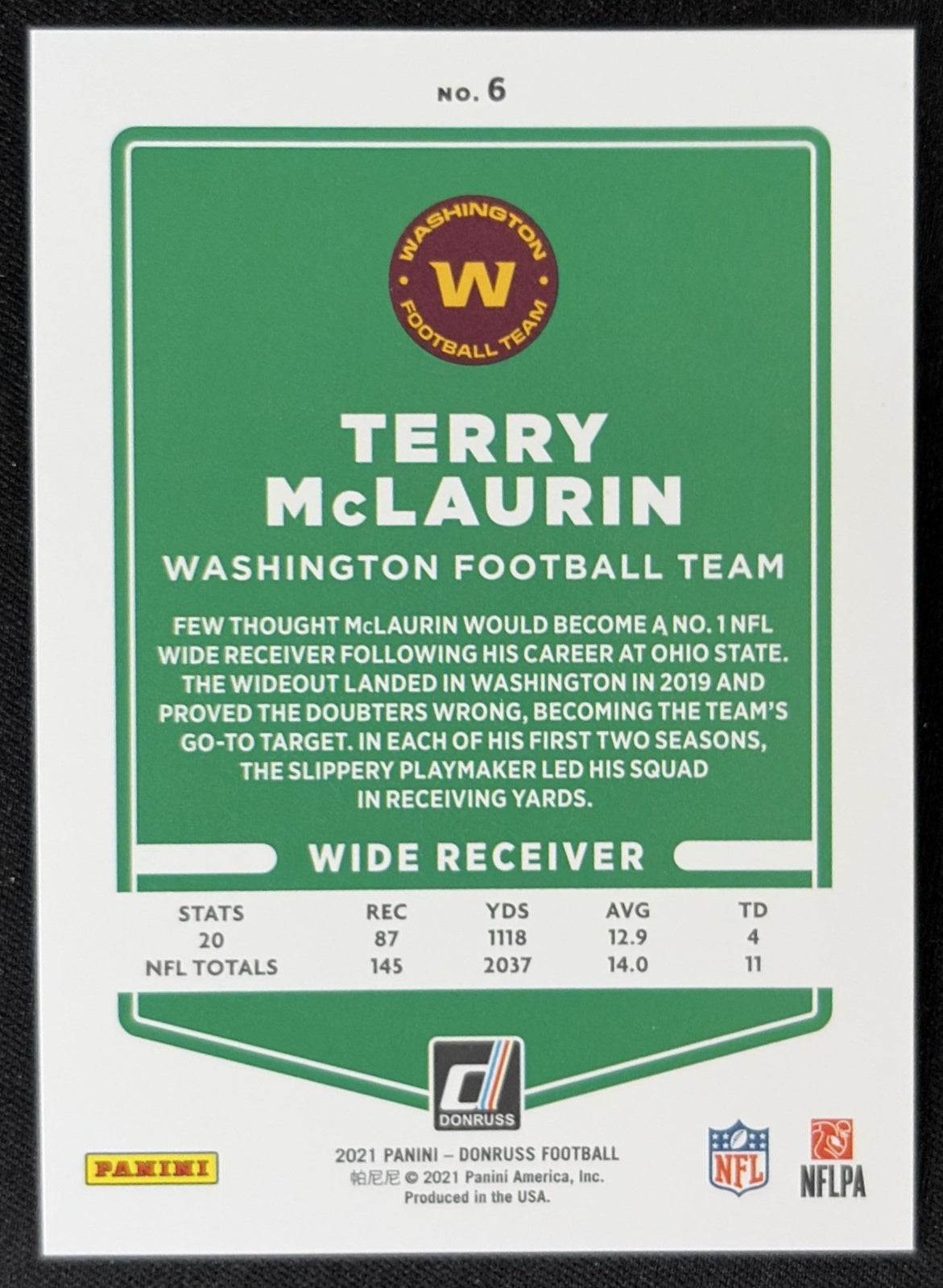 Terry McLaurin 2021 Panini Donruss Press Proof Premium Commanders