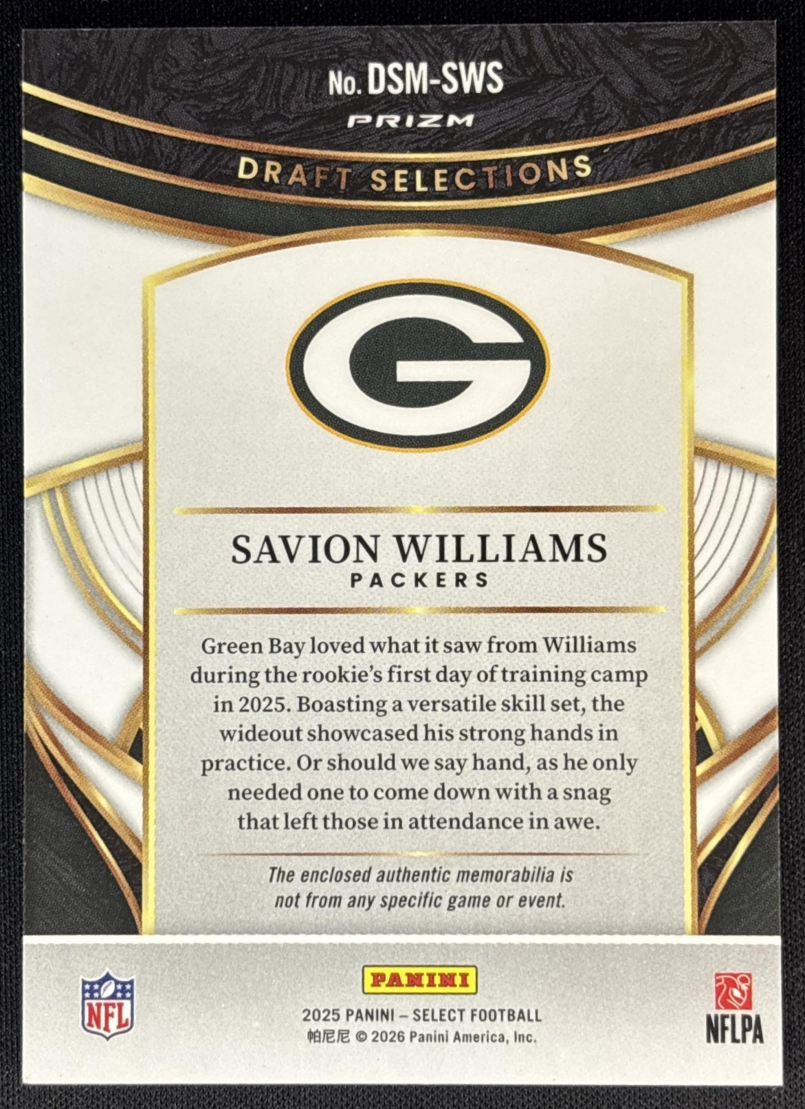 Savion Williams 2025 Select Draft Selections Memorabilia Red Prizm Packers