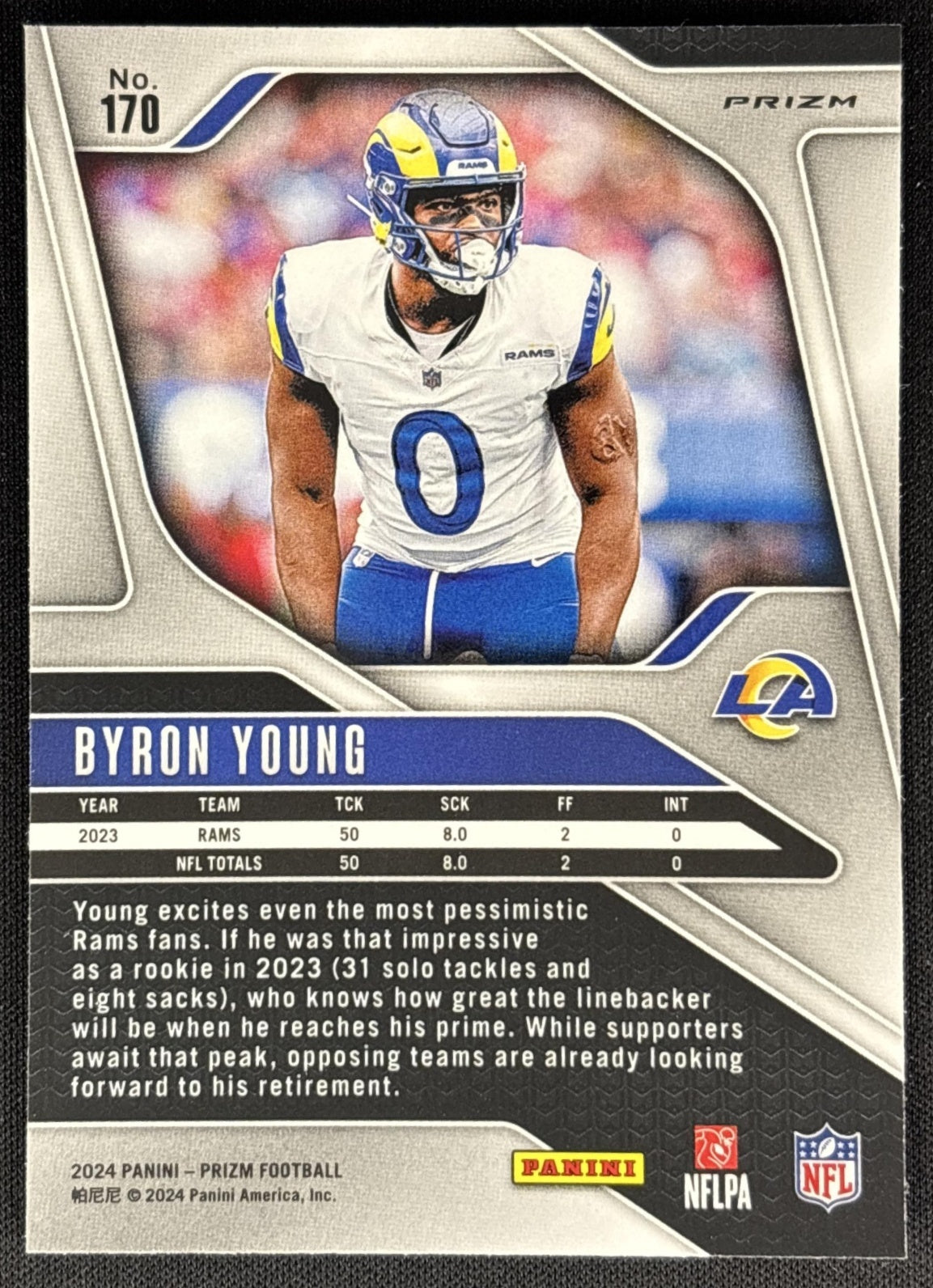 Byron Young LB 2024 Panini Prizm Choice Blue Yellow and Green Rams Sports Trading Card