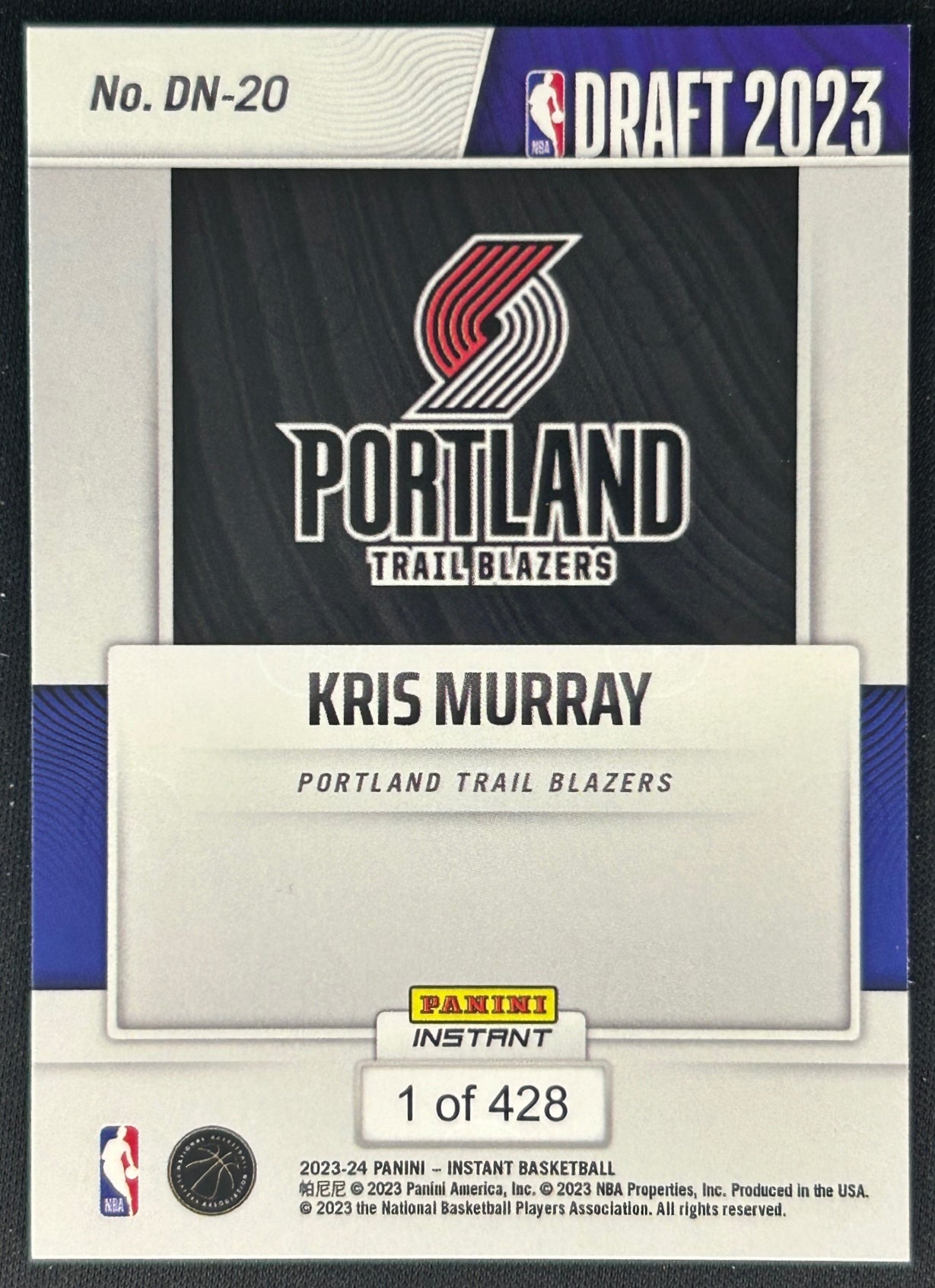 Kris Murray 2023 Panini Instant NBA Draft Night Trail Blazers Sports Trading Cards