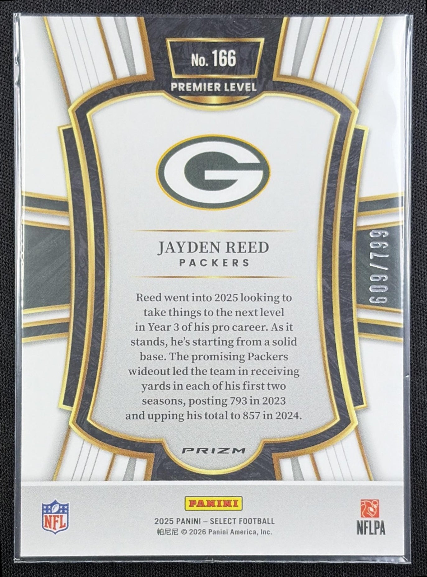 Jayden Reed 2025 Panini Select Premier Level White Prizm Shock /799 Packers back