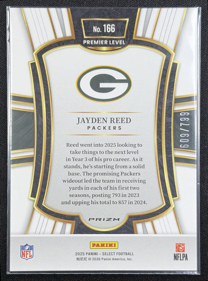 Jayden Reed 2025 Panini Select Premier Level White Prizm Shock /799 Packers back
