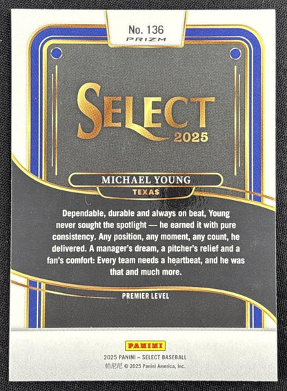 Michael Young 2025 Panini Select Premier Tiger Prizms Rangers Sports Trading Card