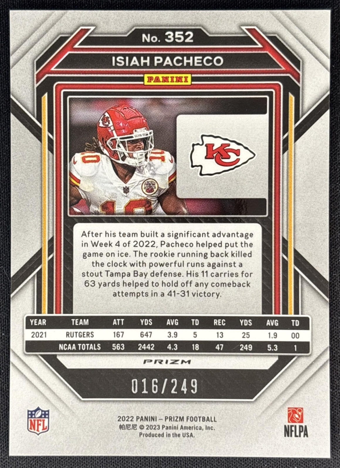 Isiah Pacheco 2022 Panini Prizm Orange /249 Chiefs back