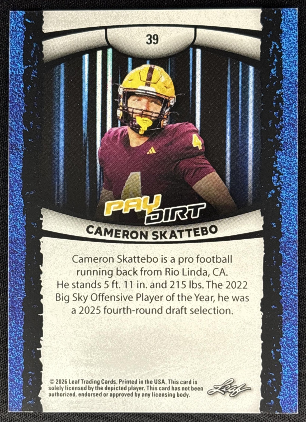 Cameron Skattebo 2026 Leaf Paydirt Pink /75 back