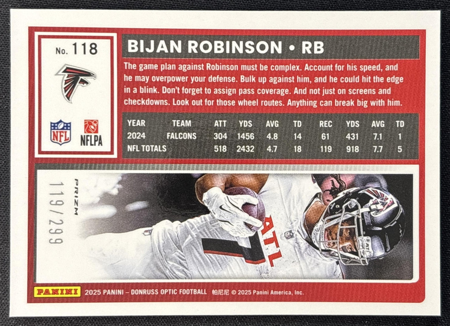 Bijan Robinson 2025 Panini Donruss Optic Orange Prizm /299 Falcons Back